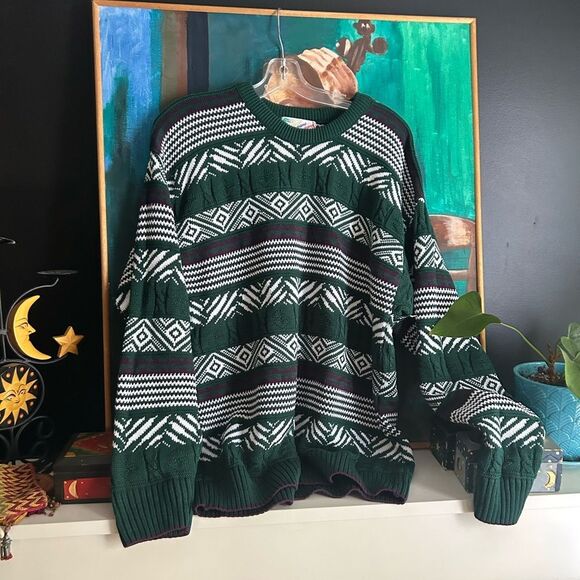Vintage Men's Geometric Pattern Crewneck Sweater - Green and White - L - Picture 15 of 16